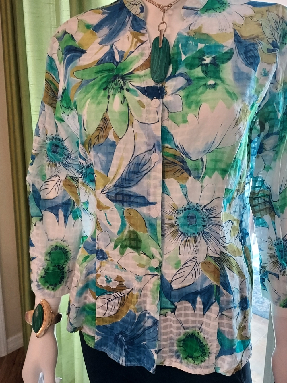 Alfred Dunner Floral Button-Down  Blue Green White Cotton Blouse. Sz 10.